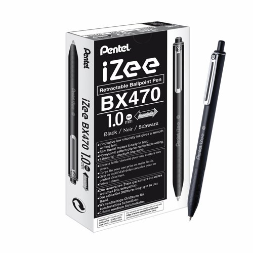 Pentel IZee Ballpoint Pen Retractable 1.0mm Black (Pack 2x12) BX470-A