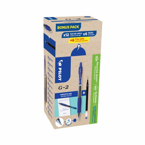 Pilot G207 Retractable Gel Rollerball Pen 0.7mm Blue & Refill Greenpack (Pack 12)