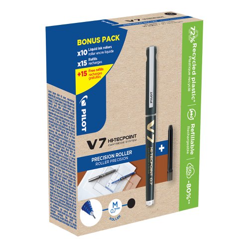 Pilot V7 Cartridge System Fine Rollerball Pen Greenpack Black (10 Pens + 30 Refills)