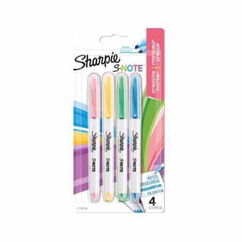 Sharpie S-Note Highlighter Pens Chisel Tip Assorted Colours (Pack 4) 2138234