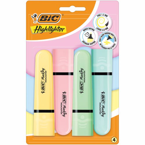BIC Marking Highlighter Flat Pastel Assorted Pastel Colours (Pack 4) 517953