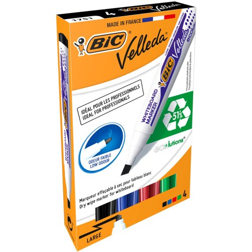 BIC Velleda 1751 ECOlutions Dry Erase Pens Chisel Tip Assorted Colours (Pack 4) 904950