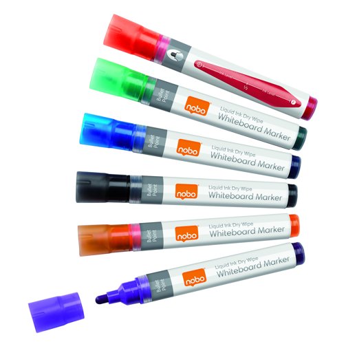 Nobo Liquid Ink Drymarker Bullet Tip Assorted Colours (Pack 6) 1901077