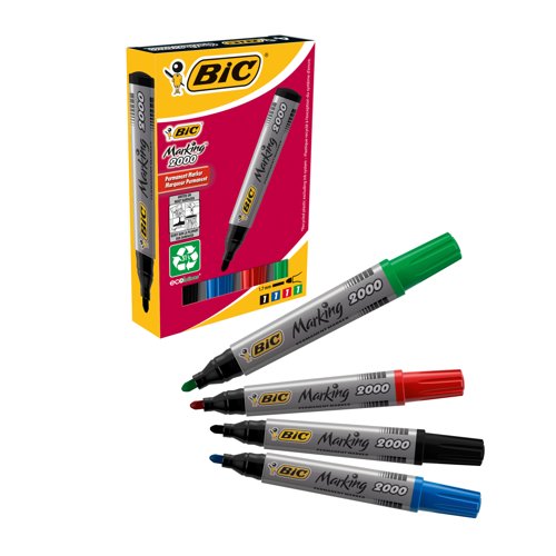 BIC Marking 2000 Permanent Marker Pen Bullet Tip Assorted (Pack 4) 8209112
