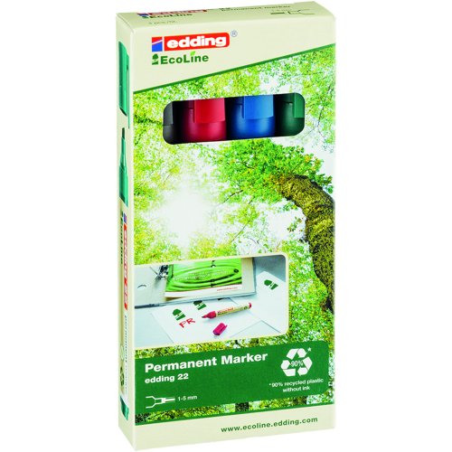 edding e22 EcoLine Permanent Maker Chisel Tip Assorted Colours (Pack 4) 4-22-4