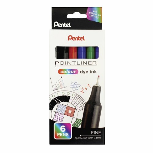 Pentel Pointliner Colour Dye Ink Fineliner Assorted (Pack 6) S40-6