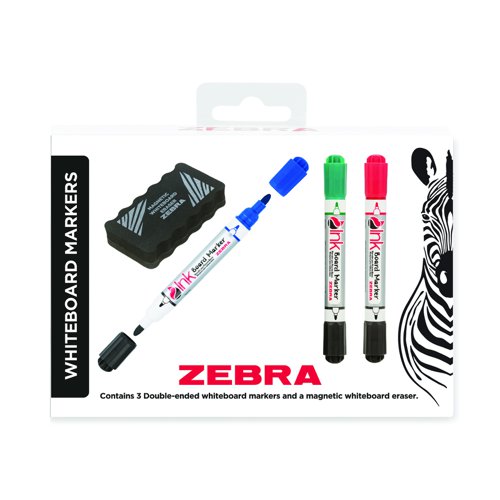 Zebra Double Ended Whiteboard Marker Assorted (Pack 3) + Magnetic Eraser 02719