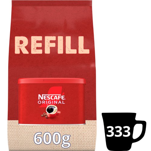 29072NE | Start your morning ritual with the great taste of NESCAFÉ Original. A full and bold flavour made using our signature roast. Our carefully selected beans are split roasted to create the perfect full-flavoured taste and rich aroma you love.NESCAFÉ Original roasts coffee beans to medium-dark to deliver the rich and full-flavoured taste you have come to expect from NESCAFÉ Original Instant Coffee 600g Refill Pouch.It All Starts With NESCAFÉNESCAFÉ is enjoyed in over 180 countries worldwide. With over 80 years of experience in selecting, roasting and blending the very best coffee, it's no surprise that over 5,500 cups of NESCAFÉ coffee are drunk every second!With its rich flavour and unmistakable aroma, there’s good reason why NESCAFÉ Original is the tried and tested Nation’s favourite coffee*. It’s fair to say you really can’t beat the red mug. NESCAFÉ Original offers both customers and colleagues quality coffee moments.*IRI and Kantar, Full Year 2022The NESCAFÉ PlanGreat coffee starts at the source, which is why we've developed the NESCAFÉ Plan. We work with coffee farmers around the world, to support them in through providing higher-yielding, climate-resistant crops, protecting soil health and helping to protect the future of coffee farming for everyone. The result is high-quality coffee that comes from sources you can trust.A RANGE OF COFFEE ROASTS AND FLAVOURSReady to explore the rest of our range? NESCAFÉ coffees are the helping hand you need to create memorable coffee moments for your workplace, including NESCAFÉ Original 1kg tin, NESCAFÉ Original 750g tin & NESCAFÉ Original sachets.