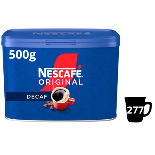 64730NE | Start your day with NESCAFÉ Original Decaf instant coffee. The same full and bold flavour as NESCAFÉ Original, without all the caffeine. Unwind and savour the rich and full-flavoured taste of our delicious instant decaf coffee with NESCAFÉ Original Decaf. Our carefully selected coffee beans are now roasted using split roast technology to create the perfect taste and aroma combination.  It All Starts With NESCAFÉ coffee.NESCAFÉ is enjoyed in over 180 countries worldwide. With over 80 years of experience in selecting, roasting and blending the very best coffee, it's no surprise that over 5,500 cups of NESCAFÉ coffee are drunk every second!With its rich flavour and unmistakable aroma, there’s good reason why NESCAFÉ Original is the tried and tested Nation’s favourite coffee*. It’s fair to say you really can’t beat the red mug. NESCAFÉ Original Decaf 500g tin brings the instant, delicious and authentic flavour of NESCAFÉ coffee to you, without all of the caffeine. NESCAFÉ Original Decaf 500g tin is perfect for serving to customers, or as a coffee break offering for your workplace.*IRI and Kantar, Full Year 2022The NESCAFÉ PlanGreat coffee starts at the source, which is why we've developed the NESCAFÉ Plan. We work with coffee farmers around the world, to support them in through providing higher-yielding, climate-resistant crops, protecting soil health and helping to protect the future of coffee farming for everyone. The result is high-quality coffee that comes from sources you can trust.A RANGE OF COFFEE ROASTS AND FLAVOURSReady to explore the rest of our range? NESCAFÉ coffees are the helping hand you need to create memorable coffee moments in your workplace, including NESCAFÉ Original 1kg tin, NESCAFÉ Original 750g tin, NESCAFÉ Original Decaf 500g tin & NESCAFÉ Original sachets.