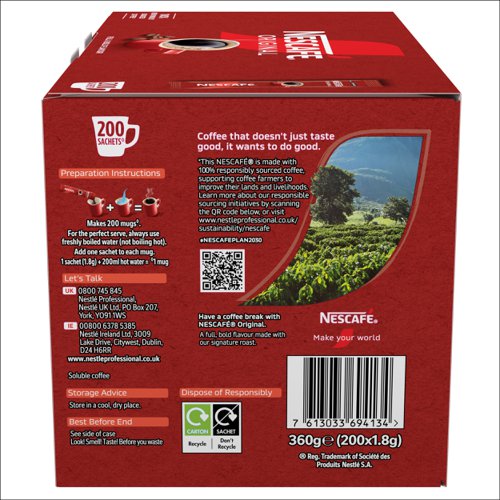 64933NE | Start your morning with NESCAFÉ Original Instant Coffee Sachets. Our carefully selected coffee beans give the full and bold flavour you love, the perfect excuse to have a well-deserved break at the office. We roast coffee beans seperately, giving every mug of NESCAFÉ Original a full and bold taste combination. Grab a mug and start your day with the great taste of our distinctive blend. The unmistakable full-flavour is what makes NESCAFÉ Original Instant Coffee the Nation's favourite coffee*.It All Starts With NESCAFÉ coffee.NESCAFÉ is enjoyed in over 180 countries worldwide. With over 80 years of experience in selecting, roasting and blending the very best coffee, it's no surprise that over 5,500 cups of NESCAFÉ coffee are drunk every second!With its rich flavour and unmistakable aroma, there’s good reason why NESCAFÉ Original is the tried and tested Nation’s favourite coffee*. It’s fair to say you really can’t beat the red mug. NESCAFÉ Original sachets bring the instant, delicious and authentic flavour of NESCAFÉ coffee to you, perfect for serving to customers, or as a coffee break offering for your workplace.The NESCAFÉ PlanGreat coffee starts at the source, which is why we've developed the NESCAFÉ Plan. We work with coffee farmers around the world, to support them in through providing higher-yielding, climate-resistant crops, protecting soil health and helping to protect the future of coffee farming for everyone. The result is high-quality coffee that comes from sources you can trust.A RANGE OF COFFEE ROASTS AND FLAVOURSReady to explore the rest of our range? NESCAFÉ coffees are the helping hand you need to create memorable coffee moments in your workplace, including NESCAFÉ Original 1kg tin, NESCAFÉ Original 750g tin, NESCAFÉ Original Decaf 500g tin & NESCAFÉ Original Decaf sachets.
