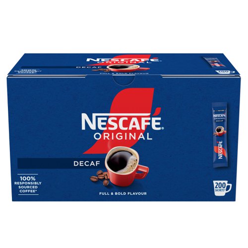 66830NE | Start your day with NESCAFÉ Original Decaf Instant Coffee sachets. The same full and bold flavour as NESCAFÉ Original, without all of the caffeine. Unwind and savour the rich and full-flavoured taste of our delicious instant decaf coffee with NESCAFÉ Original Decaf sticks. Our carefully selected coffee beans are now roasted using split roast technology to create the perfect taste and aroma.  It All Starts With NESCAFÉ coffee.NESCAFÉ is enjoyed in over 180 countries worldwide. With over 80 years of experience in selecting, roasting and blending the very best coffee, it's no surprise that over 5,500 cups of NESCAFÉ coffee are drunk every second!With its rich flavour and unmistakable aroma, there’s good reason why NESCAFÉ Original is the tried and tested Nation’s favourite coffee*. It’s fair to say you really can’t beat the red mug. NESCAFÉ Original Decaf sachets bring the instant, delicious and authentic flavour of NESCAFÉ coffee to you, without all of the caffeine. NESCAFÉ Original Decaf sticks are perfect for serving to customers, or as a coffee break offering for your workplace.The NESCAFÉ PlanGreat coffee starts at the source, which is why we've developed the NESCAFÉ Plan. We work with coffee farmers around the world, to support them in through providing higher-yielding, climate-resistant crops, protecting soil health and helping to protect the future of coffee farming for everyone. The result is high-quality coffee that comes from sources you can trust.A RANGE OF COFFEE ROASTS AND FLAVOURSReady to explore the rest of our range? NESCAFÉ coffees are the helping hand you need to create memorable coffee moments in your workplace, including NESCAFÉ Original 1kg tin, NESCAFÉ Original 750g tin, NESCAFÉ Original Decaf 500g tin & NESCAFÉ Original sachets.