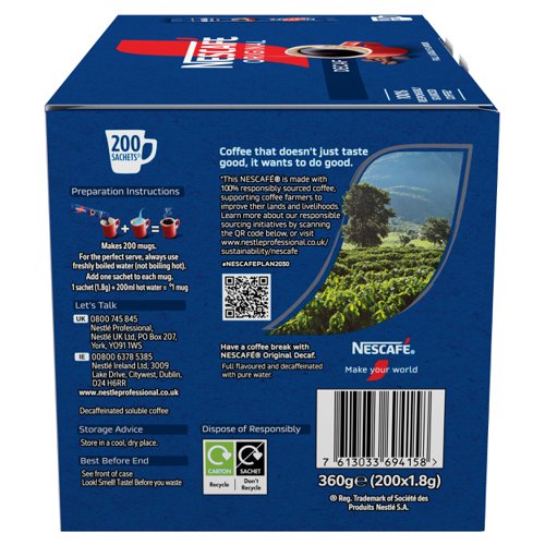 66830NE | Start your day with NESCAFÉ Original Decaf Instant Coffee sachets. The same full and bold flavour as NESCAFÉ Original, without all of the caffeine. Unwind and savour the rich and full-flavoured taste of our delicious instant decaf coffee with NESCAFÉ Original Decaf sticks. Our carefully selected coffee beans are now roasted using split roast technology to create the perfect taste and aroma.  It All Starts With NESCAFÉ coffee.NESCAFÉ is enjoyed in over 180 countries worldwide. With over 80 years of experience in selecting, roasting and blending the very best coffee, it's no surprise that over 5,500 cups of NESCAFÉ coffee are drunk every second!With its rich flavour and unmistakable aroma, there’s good reason why NESCAFÉ Original is the tried and tested Nation’s favourite coffee*. It’s fair to say you really can’t beat the red mug. NESCAFÉ Original Decaf sachets bring the instant, delicious and authentic flavour of NESCAFÉ coffee to you, without all of the caffeine. NESCAFÉ Original Decaf sticks are perfect for serving to customers, or as a coffee break offering for your workplace.The NESCAFÉ PlanGreat coffee starts at the source, which is why we've developed the NESCAFÉ Plan. We work with coffee farmers around the world, to support them in through providing higher-yielding, climate-resistant crops, protecting soil health and helping to protect the future of coffee farming for everyone. The result is high-quality coffee that comes from sources you can trust.A RANGE OF COFFEE ROASTS AND FLAVOURSReady to explore the rest of our range? NESCAFÉ coffees are the helping hand you need to create memorable coffee moments in your workplace, including NESCAFÉ Original 1kg tin, NESCAFÉ Original 750g tin, NESCAFÉ Original Decaf 500g tin & NESCAFÉ Original sachets.