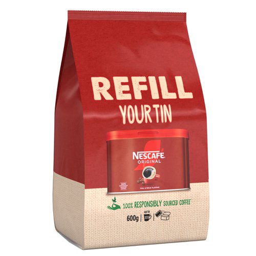 29072NE | Start your morning ritual with the great taste of NESCAFÉ Original. A full and bold flavour made using our signature roast. Our carefully selected beans are split roasted to create the perfect full-flavoured taste and rich aroma you love.NESCAFÉ Original roasts coffee beans to medium-dark to deliver the rich and full-flavoured taste you have come to expect from NESCAFÉ Original Instant Coffee 600g Refill Pouch.It All Starts With NESCAFÉNESCAFÉ is enjoyed in over 180 countries worldwide. With over 80 years of experience in selecting, roasting and blending the very best coffee, it's no surprise that over 5,500 cups of NESCAFÉ coffee are drunk every second!With its rich flavour and unmistakable aroma, there’s good reason why NESCAFÉ Original is the tried and tested Nation’s favourite coffee*. It’s fair to say you really can’t beat the red mug. NESCAFÉ Original offers both customers and colleagues quality coffee moments.*IRI and Kantar, Full Year 2022The NESCAFÉ PlanGreat coffee starts at the source, which is why we've developed the NESCAFÉ Plan. We work with coffee farmers around the world, to support them in through providing higher-yielding, climate-resistant crops, protecting soil health and helping to protect the future of coffee farming for everyone. The result is high-quality coffee that comes from sources you can trust.A RANGE OF COFFEE ROASTS AND FLAVOURSReady to explore the rest of our range? NESCAFÉ coffees are the helping hand you need to create memorable coffee moments for your workplace, including NESCAFÉ Original 1kg tin, NESCAFÉ Original 750g tin & NESCAFÉ Original sachets.
