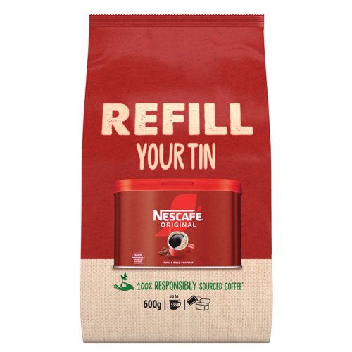 29072NE | Start your morning ritual with the great taste of NESCAFÉ Original. A full and bold flavour made using our signature roast. Our carefully selected beans are split roasted to create the perfect full-flavoured taste and rich aroma you love.NESCAFÉ Original roasts coffee beans to medium-dark to deliver the rich and full-flavoured taste you have come to expect from NESCAFÉ Original Instant Coffee 600g Refill Pouch.It All Starts With NESCAFÉNESCAFÉ is enjoyed in over 180 countries worldwide. With over 80 years of experience in selecting, roasting and blending the very best coffee, it's no surprise that over 5,500 cups of NESCAFÉ coffee are drunk every second!With its rich flavour and unmistakable aroma, there’s good reason why NESCAFÉ Original is the tried and tested Nation’s favourite coffee*. It’s fair to say you really can’t beat the red mug. NESCAFÉ Original offers both customers and colleagues quality coffee moments.*IRI and Kantar, Full Year 2022The NESCAFÉ PlanGreat coffee starts at the source, which is why we've developed the NESCAFÉ Plan. We work with coffee farmers around the world, to support them in through providing higher-yielding, climate-resistant crops, protecting soil health and helping to protect the future of coffee farming for everyone. The result is high-quality coffee that comes from sources you can trust.A RANGE OF COFFEE ROASTS AND FLAVOURSReady to explore the rest of our range? NESCAFÉ coffees are the helping hand you need to create memorable coffee moments for your workplace, including NESCAFÉ Original 1kg tin, NESCAFÉ Original 750g tin & NESCAFÉ Original sachets.