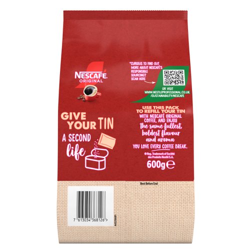 29072NE | Start your morning ritual with the great taste of NESCAFÉ Original. A full and bold flavour made using our signature roast. Our carefully selected beans are split roasted to create the perfect full-flavoured taste and rich aroma you love.NESCAFÉ Original roasts coffee beans to medium-dark to deliver the rich and full-flavoured taste you have come to expect from NESCAFÉ Original Instant Coffee 600g Refill Pouch.It All Starts With NESCAFÉNESCAFÉ is enjoyed in over 180 countries worldwide. With over 80 years of experience in selecting, roasting and blending the very best coffee, it's no surprise that over 5,500 cups of NESCAFÉ coffee are drunk every second!With its rich flavour and unmistakable aroma, there’s good reason why NESCAFÉ Original is the tried and tested Nation’s favourite coffee*. It’s fair to say you really can’t beat the red mug. NESCAFÉ Original offers both customers and colleagues quality coffee moments.*IRI and Kantar, Full Year 2022The NESCAFÉ PlanGreat coffee starts at the source, which is why we've developed the NESCAFÉ Plan. We work with coffee farmers around the world, to support them in through providing higher-yielding, climate-resistant crops, protecting soil health and helping to protect the future of coffee farming for everyone. The result is high-quality coffee that comes from sources you can trust.A RANGE OF COFFEE ROASTS AND FLAVOURSReady to explore the rest of our range? NESCAFÉ coffees are the helping hand you need to create memorable coffee moments for your workplace, including NESCAFÉ Original 1kg tin, NESCAFÉ Original 750g tin & NESCAFÉ Original sachets.