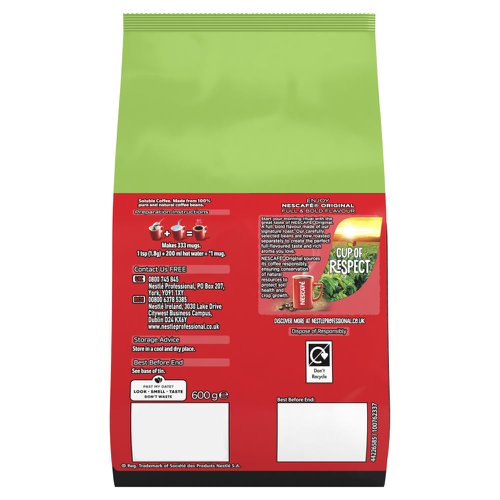 Nescafe Original Instant Coffee Refill Bag 600g (Pack 6) - 12533670x6