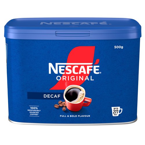 64730NE | Start your day with NESCAFÉ Original Decaf instant coffee. The same full and bold flavour as NESCAFÉ Original, without all the caffeine. Unwind and savour the rich and full-flavoured taste of our delicious instant decaf coffee with NESCAFÉ Original Decaf. Our carefully selected coffee beans are now roasted using split roast technology to create the perfect taste and aroma combination.  It All Starts With NESCAFÉ coffee.NESCAFÉ is enjoyed in over 180 countries worldwide. With over 80 years of experience in selecting, roasting and blending the very best coffee, it's no surprise that over 5,500 cups of NESCAFÉ coffee are drunk every second!With its rich flavour and unmistakable aroma, there’s good reason why NESCAFÉ Original is the tried and tested Nation’s favourite coffee*. It’s fair to say you really can’t beat the red mug. NESCAFÉ Original Decaf 500g tin brings the instant, delicious and authentic flavour of NESCAFÉ coffee to you, without all of the caffeine. NESCAFÉ Original Decaf 500g tin is perfect for serving to customers, or as a coffee break offering for your workplace.*IRI and Kantar, Full Year 2022The NESCAFÉ PlanGreat coffee starts at the source, which is why we've developed the NESCAFÉ Plan. We work with coffee farmers around the world, to support them in through providing higher-yielding, climate-resistant crops, protecting soil health and helping to protect the future of coffee farming for everyone. The result is high-quality coffee that comes from sources you can trust.A RANGE OF COFFEE ROASTS AND FLAVOURSReady to explore the rest of our range? NESCAFÉ coffees are the helping hand you need to create memorable coffee moments in your workplace, including NESCAFÉ Original 1kg tin, NESCAFÉ Original 750g tin, NESCAFÉ Original Decaf 500g tin & NESCAFÉ Original sachets.