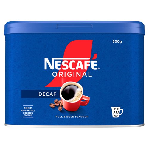 64730NE | Start your day with NESCAFÉ Original Decaf instant coffee. The same full and bold flavour as NESCAFÉ Original, without all the caffeine. Unwind and savour the rich and full-flavoured taste of our delicious instant decaf coffee with NESCAFÉ Original Decaf. Our carefully selected coffee beans are now roasted using split roast technology to create the perfect taste and aroma combination.  It All Starts With NESCAFÉ coffee.NESCAFÉ is enjoyed in over 180 countries worldwide. With over 80 years of experience in selecting, roasting and blending the very best coffee, it's no surprise that over 5,500 cups of NESCAFÉ coffee are drunk every second!With its rich flavour and unmistakable aroma, there’s good reason why NESCAFÉ Original is the tried and tested Nation’s favourite coffee*. It’s fair to say you really can’t beat the red mug. NESCAFÉ Original Decaf 500g tin brings the instant, delicious and authentic flavour of NESCAFÉ coffee to you, without all of the caffeine. NESCAFÉ Original Decaf 500g tin is perfect for serving to customers, or as a coffee break offering for your workplace.*IRI and Kantar, Full Year 2022The NESCAFÉ PlanGreat coffee starts at the source, which is why we've developed the NESCAFÉ Plan. We work with coffee farmers around the world, to support them in through providing higher-yielding, climate-resistant crops, protecting soil health and helping to protect the future of coffee farming for everyone. The result is high-quality coffee that comes from sources you can trust.A RANGE OF COFFEE ROASTS AND FLAVOURSReady to explore the rest of our range? NESCAFÉ coffees are the helping hand you need to create memorable coffee moments in your workplace, including NESCAFÉ Original 1kg tin, NESCAFÉ Original 750g tin, NESCAFÉ Original Decaf 500g tin & NESCAFÉ Original sachets.