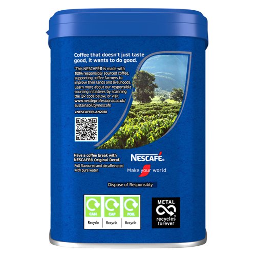 64730NE | Start your day with NESCAFÉ Original Decaf instant coffee. The same full and bold flavour as NESCAFÉ Original, without all the caffeine. Unwind and savour the rich and full-flavoured taste of our delicious instant decaf coffee with NESCAFÉ Original Decaf. Our carefully selected coffee beans are now roasted using split roast technology to create the perfect taste and aroma combination.  It All Starts With NESCAFÉ coffee.NESCAFÉ is enjoyed in over 180 countries worldwide. With over 80 years of experience in selecting, roasting and blending the very best coffee, it's no surprise that over 5,500 cups of NESCAFÉ coffee are drunk every second!With its rich flavour and unmistakable aroma, there’s good reason why NESCAFÉ Original is the tried and tested Nation’s favourite coffee*. It’s fair to say you really can’t beat the red mug. NESCAFÉ Original Decaf 500g tin brings the instant, delicious and authentic flavour of NESCAFÉ coffee to you, without all of the caffeine. NESCAFÉ Original Decaf 500g tin is perfect for serving to customers, or as a coffee break offering for your workplace.*IRI and Kantar, Full Year 2022The NESCAFÉ PlanGreat coffee starts at the source, which is why we've developed the NESCAFÉ Plan. We work with coffee farmers around the world, to support them in through providing higher-yielding, climate-resistant crops, protecting soil health and helping to protect the future of coffee farming for everyone. The result is high-quality coffee that comes from sources you can trust.A RANGE OF COFFEE ROASTS AND FLAVOURSReady to explore the rest of our range? NESCAFÉ coffees are the helping hand you need to create memorable coffee moments in your workplace, including NESCAFÉ Original 1kg tin, NESCAFÉ Original 750g tin, NESCAFÉ Original Decaf 500g tin & NESCAFÉ Original sachets.