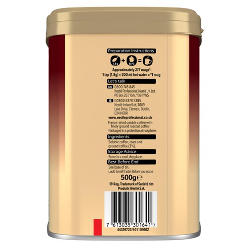 15275NT | NESCAFÉ GOLD BLEND contains mountain-grown Arabica beans ground 10 times finer to unlock their hidden taste and rich aroma. Through a careful selection of coffee beans, we deliver a smooth and aromatic mug.  Our expertly crafted blend is great for all coffee-drinking occasions, whenever you want to make special moments in the office or for your customers.It All Starts With a NESCAFÉ Coffee NESCAFÉ is enjoyed in over 180 countries worldwide. With over 80 years of experience in selecting, roasting and blending the very best coffee, it's no surprise that over 5,500 cups of NESCAFÉ coffee are drunk every second!Coffee connoisseurs will appreciate the well-rounded taste and rich aroma in every mug. Our expertly crafted blend is great for all coffee-drinking occasions. Our NESCAFÉ GOLD BLEND 500g contains mountain-grown Arabica beans ground 10 times finer, creating a smooth, rich instant coffee taste. NESCAFÉ GOLD BLEND coffee offers both customers and colleagues quality coffee moments.The NESCAFÉ PlanGreat coffee starts at the source, which is why we've developed the NESCAFÉ Plan. We work with coffee farmers around the world, to support them in through providing higher-yielding, climate-resistant crops, protecting soil health and helping to protect the future of coffee farming for everyone. The result is high-quality coffee that comes from sources you can trust.A RANGE OF COFFEE ROASTS AND FLAVOURSReady to explore the rest of our range? NESCAFÉ coffees are the helping hand you need to create memorable coffee moments in your workplace, including NESCAFÉ GOLD BLEND 750g tin, NESCAFÉ GOLD BLEND Sachets & NESCAFÉ GOLD BLEND Decaf 500g Tin.