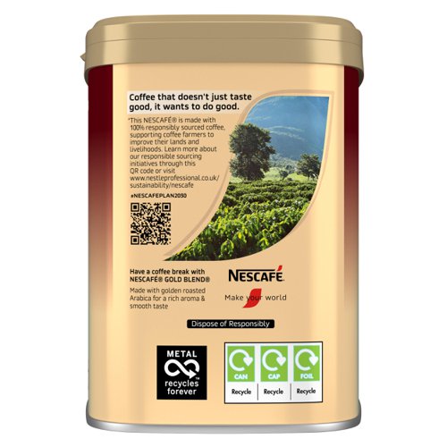 15275NT | NESCAFÉ GOLD BLEND contains mountain-grown Arabica beans ground 10 times finer to unlock their hidden taste and rich aroma. Through a careful selection of coffee beans, we deliver a smooth and aromatic mug.  Our expertly crafted blend is great for all coffee-drinking occasions, whenever you want to make special moments in the office or for your customers.It All Starts With a NESCAFÉ Coffee NESCAFÉ is enjoyed in over 180 countries worldwide. With over 80 years of experience in selecting, roasting and blending the very best coffee, it's no surprise that over 5,500 cups of NESCAFÉ coffee are drunk every second!Coffee connoisseurs will appreciate the well-rounded taste and rich aroma in every mug. Our expertly crafted blend is great for all coffee-drinking occasions. Our NESCAFÉ GOLD BLEND 500g contains mountain-grown Arabica beans ground 10 times finer, creating a smooth, rich instant coffee taste. NESCAFÉ GOLD BLEND coffee offers both customers and colleagues quality coffee moments.The NESCAFÉ PlanGreat coffee starts at the source, which is why we've developed the NESCAFÉ Plan. We work with coffee farmers around the world, to support them in through providing higher-yielding, climate-resistant crops, protecting soil health and helping to protect the future of coffee farming for everyone. The result is high-quality coffee that comes from sources you can trust.A RANGE OF COFFEE ROASTS AND FLAVOURSReady to explore the rest of our range? NESCAFÉ coffees are the helping hand you need to create memorable coffee moments in your workplace, including NESCAFÉ GOLD BLEND 750g tin, NESCAFÉ GOLD BLEND Sachets & NESCAFÉ GOLD BLEND Decaf 500g Tin.