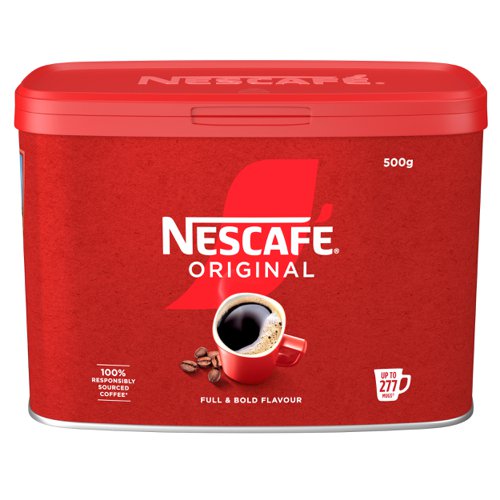 15282NT | The full flavour of NESCAFÉ Original makes it the Nation’s favourite coffee*. Grab a mug and start your day with the great taste of our distinctive blend. Our medium-dark roasted coffee beans and split roasting technology give every mug of NESCAFÉ Original a rich, bold flavour.NESCAFÉ roasts carefully selected coffee beans to deliver the rich and delectable taste you have come to expect from NESCAFÉ Original 500g coffee tin.It All Starts With NESCAFÉ coffee.NESCAFÉ is enjoyed in over 180 countries worldwide. With over 80 years of experience in selecting, roasting and blending the very best coffee, it's no surprise that over 5,500 cups of NESCAFÉ coffee are drunk every second!With its rich flavour and unmistakable aroma, there’s good reason why NESCAFÉ Original is the tried and tested Nation’s favourite coffee*. It’s fair to say you really can’t beat the red mug. NESCAFÉ Original 500g tin brings the instant, delicious and authentic flavour of NESCAFÉ coffee to you, perfect for serving to customers, or as a coffee break offering for your workplace.The NESCAFÉ PlanGreat coffee starts at the source, which is why we've developed the NESCAFÉ Plan. We work with coffee farmers around the world, to support them in through providing higher-yielding, climate-resistant crops, protecting soil health and helping to protect the future of coffee farming for everyone. The result is high-quality coffee that comes from sources you can trust.A RANGE OF COFFEE ROASTS AND FLAVOURSReady to explore the rest of our range? NESCAFÉ coffees are the helping hand you need to create memorable coffee moments in your workplace, including NESCAFÉ Original 1kg tin, NESCAFÉ Original 600g Refill Pouch, NESCAFÉ Original Decaf 500g tin & NESCAFÉ Original sachets.