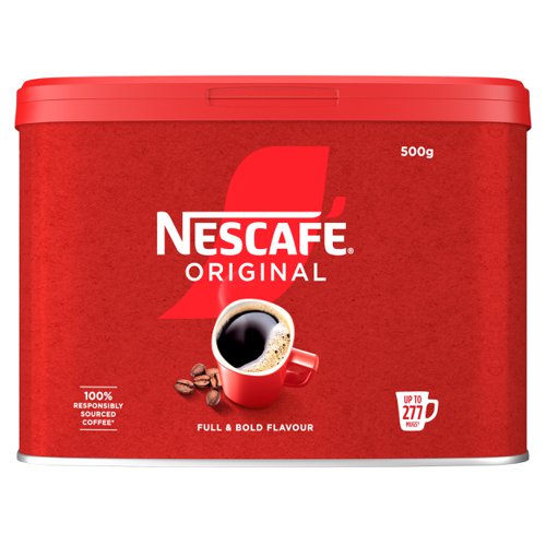 15282NT | The full flavour of NESCAFÉ Original makes it the Nation’s favourite coffee*. Grab a mug and start your day with the great taste of our distinctive blend. Our medium-dark roasted coffee beans and split roasting technology give every mug of NESCAFÉ Original a rich, bold flavour.NESCAFÉ roasts carefully selected coffee beans to deliver the rich and delectable taste you have come to expect from NESCAFÉ Original 500g coffee tin.It All Starts With NESCAFÉ coffee.NESCAFÉ is enjoyed in over 180 countries worldwide. With over 80 years of experience in selecting, roasting and blending the very best coffee, it's no surprise that over 5,500 cups of NESCAFÉ coffee are drunk every second!With its rich flavour and unmistakable aroma, there’s good reason why NESCAFÉ Original is the tried and tested Nation’s favourite coffee*. It’s fair to say you really can’t beat the red mug. NESCAFÉ Original 500g tin brings the instant, delicious and authentic flavour of NESCAFÉ coffee to you, perfect for serving to customers, or as a coffee break offering for your workplace.The NESCAFÉ PlanGreat coffee starts at the source, which is why we've developed the NESCAFÉ Plan. We work with coffee farmers around the world, to support them in through providing higher-yielding, climate-resistant crops, protecting soil health and helping to protect the future of coffee farming for everyone. The result is high-quality coffee that comes from sources you can trust.A RANGE OF COFFEE ROASTS AND FLAVOURSReady to explore the rest of our range? NESCAFÉ coffees are the helping hand you need to create memorable coffee moments in your workplace, including NESCAFÉ Original 1kg tin, NESCAFÉ Original 600g Refill Pouch, NESCAFÉ Original Decaf 500g tin & NESCAFÉ Original sachets.