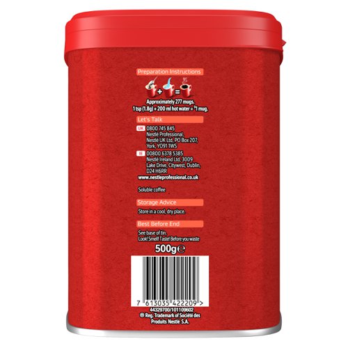 15282NT | The full flavour of NESCAFÉ Original makes it the Nation’s favourite coffee*. Grab a mug and start your day with the great taste of our distinctive blend. Our medium-dark roasted coffee beans and split roasting technology give every mug of NESCAFÉ Original a rich, bold flavour.NESCAFÉ roasts carefully selected coffee beans to deliver the rich and delectable taste you have come to expect from NESCAFÉ Original 500g coffee tin.It All Starts With NESCAFÉ coffee.NESCAFÉ is enjoyed in over 180 countries worldwide. With over 80 years of experience in selecting, roasting and blending the very best coffee, it's no surprise that over 5,500 cups of NESCAFÉ coffee are drunk every second!With its rich flavour and unmistakable aroma, there’s good reason why NESCAFÉ Original is the tried and tested Nation’s favourite coffee*. It’s fair to say you really can’t beat the red mug. NESCAFÉ Original 500g tin brings the instant, delicious and authentic flavour of NESCAFÉ coffee to you, perfect for serving to customers, or as a coffee break offering for your workplace.The NESCAFÉ PlanGreat coffee starts at the source, which is why we've developed the NESCAFÉ Plan. We work with coffee farmers around the world, to support them in through providing higher-yielding, climate-resistant crops, protecting soil health and helping to protect the future of coffee farming for everyone. The result is high-quality coffee that comes from sources you can trust.A RANGE OF COFFEE ROASTS AND FLAVOURSReady to explore the rest of our range? NESCAFÉ coffees are the helping hand you need to create memorable coffee moments in your workplace, including NESCAFÉ Original 1kg tin, NESCAFÉ Original 600g Refill Pouch, NESCAFÉ Original Decaf 500g tin & NESCAFÉ Original sachets.