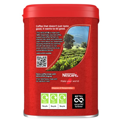 15282NT | The full flavour of NESCAFÉ Original makes it the Nation’s favourite coffee*. Grab a mug and start your day with the great taste of our distinctive blend. Our medium-dark roasted coffee beans and split roasting technology give every mug of NESCAFÉ Original a rich, bold flavour.NESCAFÉ roasts carefully selected coffee beans to deliver the rich and delectable taste you have come to expect from NESCAFÉ Original 500g coffee tin.It All Starts With NESCAFÉ coffee.NESCAFÉ is enjoyed in over 180 countries worldwide. With over 80 years of experience in selecting, roasting and blending the very best coffee, it's no surprise that over 5,500 cups of NESCAFÉ coffee are drunk every second!With its rich flavour and unmistakable aroma, there’s good reason why NESCAFÉ Original is the tried and tested Nation’s favourite coffee*. It’s fair to say you really can’t beat the red mug. NESCAFÉ Original 500g tin brings the instant, delicious and authentic flavour of NESCAFÉ coffee to you, perfect for serving to customers, or as a coffee break offering for your workplace.The NESCAFÉ PlanGreat coffee starts at the source, which is why we've developed the NESCAFÉ Plan. We work with coffee farmers around the world, to support them in through providing higher-yielding, climate-resistant crops, protecting soil health and helping to protect the future of coffee farming for everyone. The result is high-quality coffee that comes from sources you can trust.A RANGE OF COFFEE ROASTS AND FLAVOURSReady to explore the rest of our range? NESCAFÉ coffees are the helping hand you need to create memorable coffee moments in your workplace, including NESCAFÉ Original 1kg tin, NESCAFÉ Original 600g Refill Pouch, NESCAFÉ Original Decaf 500g tin & NESCAFÉ Original sachets.