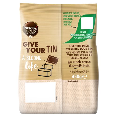 28062NE | Great for office kitchens, meeting rooms and canteens, Nescafe Gold Blend Instant Coffee provides the rich and smooth taste of premium Nescafe coffee in an instant. Made from a blend of Arabica and Robusta coffee beans for a smooth taste that is ideal for any time of day. Golden roasted beans bring out nuanced tones of caramel with a rich aroma that begins the second the granules hit your cup. This pack contains 450g.