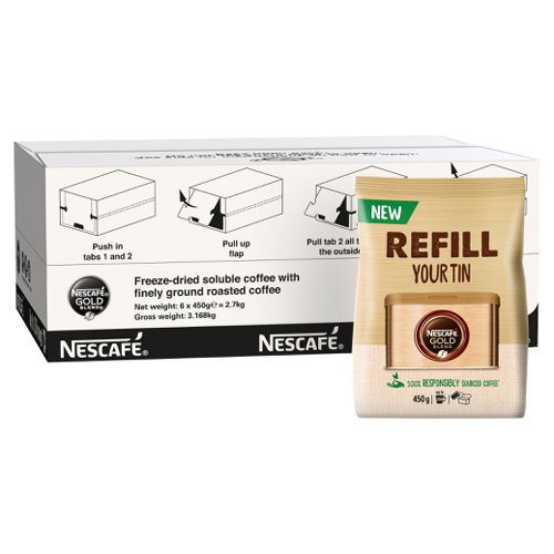 28062NE | Great for office kitchens, meeting rooms and canteens, Nescafe Gold Blend Instant Coffee provides the rich and smooth taste of premium Nescafe coffee in an instant. Made from a blend of Arabica and Robusta coffee beans for a smooth taste that is ideal for any time of day. Golden roasted beans bring out nuanced tones of caramel with a rich aroma that begins the second the granules hit your cup. This pack contains 450g.