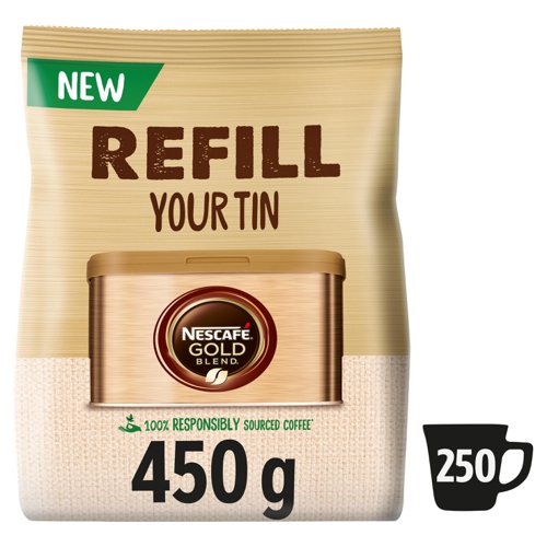 28062NE | Great for office kitchens, meeting rooms and canteens, Nescafe Gold Blend Instant Coffee provides the rich and smooth taste of premium Nescafe coffee in an instant. Made from a blend of Arabica and Robusta coffee beans for a smooth taste that is ideal for any time of day. Golden roasted beans bring out nuanced tones of caramel with a rich aroma that begins the second the granules hit your cup. This pack contains 450g.