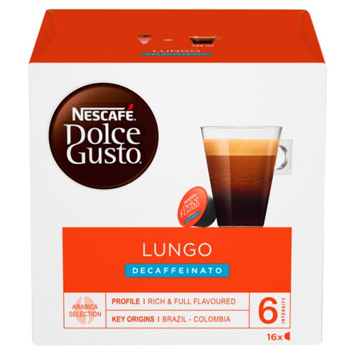 Nescafe Dolce Gusto uses fifteen bar pump pressure to create barista-quality drinks at the touch of a button. Using a pod system of individual servings in foil-sealed capsules to lock in freshness, making your favourite drink could not be simpler. These Lungo Decaf capsules create a coffee just as smooth and tasty as the original Lungo but made with a decaffeinated blend. Simply insert the capsule into your machine and enjoy the great taste in a matter of seconds. This pack contains 48 capsules.