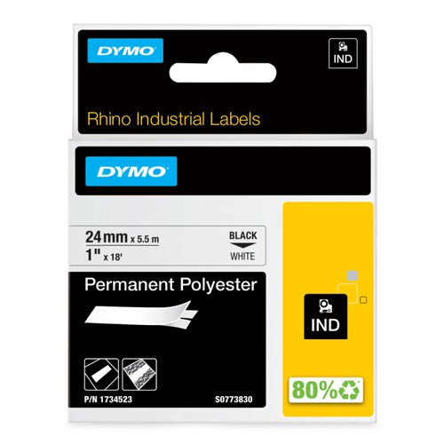 Dymo S0773830 24mm Black on White Permanent Polyester Tape - S0773830