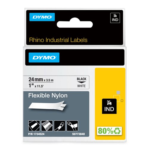 Label it fast, label it once, and label it right. Dymo Industrial labels are tough-jobsite tested and UL recognized. Industrial-strength adhesives resist moisture, extreme temperatures, UV light and more -so labels won't curl or fall off. Thermal transfer printing means labels won't smudge, smear or fade. Choose up to 24 mm label widths in a broad assortment of materials and colors that meet OSHA, ANSI, and ISO standards. Flexible nylon label tape is specifically designed for wire and cable marking as well as other curved surfaces. Strong adhesion and flexibility make it ideal for industrial use, even where your label will encounter dirt and oil. Labels are compatible with Dymo Rhino 6500, 6000, 5200. All Dymo Industrial labels are distributed from an easy-to-load cartridge, and with a split-back design, peeling and applying is quick and easy. Dymo Industrial labels are designed to work exclusively with Dymo Rhino printers and to perform on a variety of surfaces.