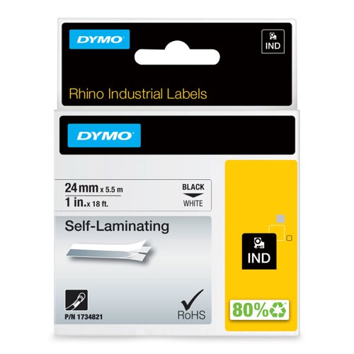 DYMO Industrial Self-Laminating Labels protect your printed area from exposure to oil, solvents, water, and abrasion when applied to wires and cables. These custom stickers have an easy-to-peel split back that makes applying labels a snap and use thermal transfer printing technology that won't smudge, smear, or fade. These labels are moisture, chemical, and UV resistant, making them ideal for labelling both indoors and outdoors. RoHS compliant.