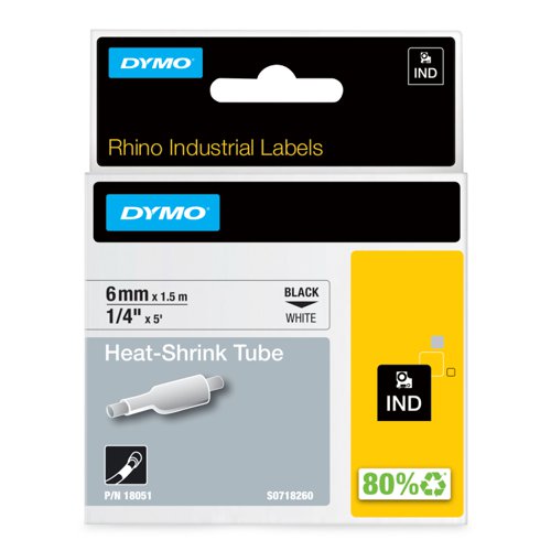 16601NR | Heat shrink tube offers a premium method of labelling wires and cables. Simply slide the tube onto the cable and shrink snugly to the cable using a heat gun. Labels will never fall off. The cassette fits into all DYMO Rhino printers including 6500, 6000, 5200 and 5000. Industrial-grade polyolefin offers a 3:1 heat shrink ratio and the convenience of printing directly on the tubing itself.