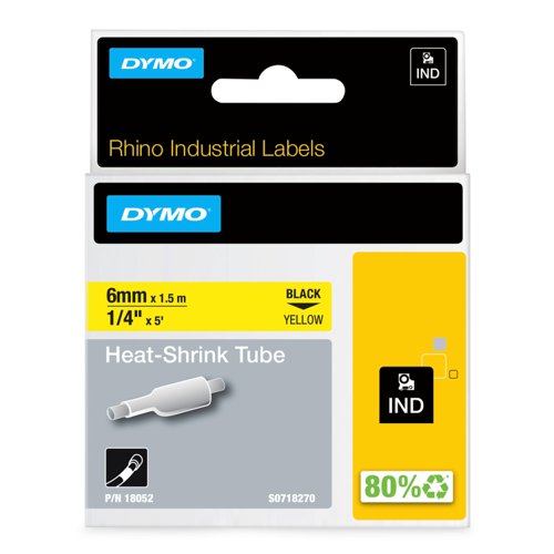Dymo Rhino 6mm Black on Yellow Heat Shrink Tube Tape S0718270 18052