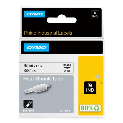 16594NR | Heat shrink tube offers a premium method of labelling wires and cables. Simply slide the tube onto the cable and shrink snugly to the cable using a heat gun. Labels will never fall off. The cassette fits into all DYMO Rhino printers including 6500, 6000, 5200 and 5000. Industrial-grade polyolefin offers a 3:1 heat shrink ratio and the convenience of printing directly on the tubing itself.