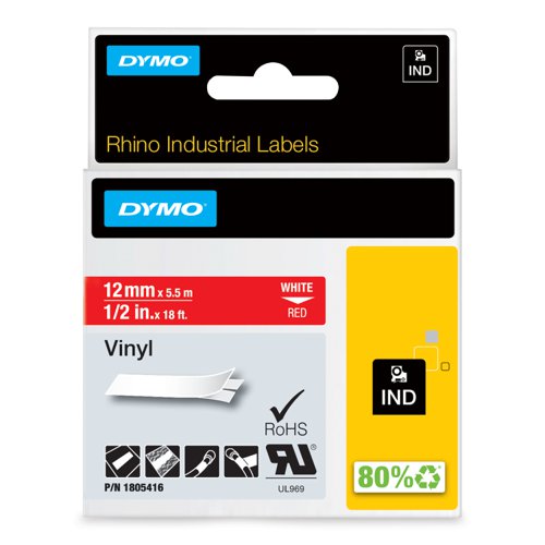 DYMO Rhino Industrial Label Tape Vinyl 12mm White on Red 1805416