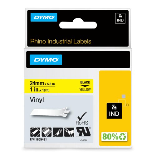 Dymo Rhino 24mm Black on Yellow Industrial Vinyl Tape 1805431
