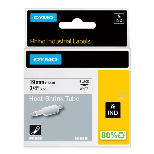DYMO IND Heat-Shrink Tube Labels are made of industrial grade polyolefin and feature a 3:1 heat shrink ratio for a snug fit. The industrial-strength adhesive resists moisture, extreme temperatures and UV light. Conveniently prints directly on cable tubing for high-end cable identification.