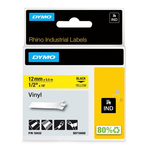 Dymo Rhino Industrial Vinyl Tape 12mmx5.5m Black on Yellow 18432 16657NR