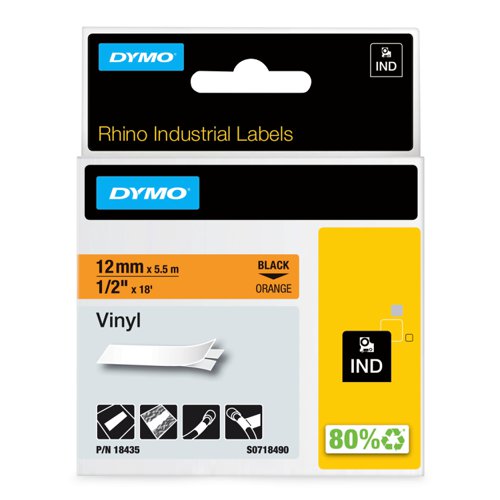 Dymo 18435 12mm Orange Vinyl Tape - S0718490