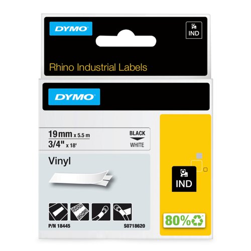 76507NR | DYMO Rhino Labels, Black Print on White are a perfect solution for general labelling in and around any facility where general identification and supplementary information are needed.These labels are ideal for warning and safety messages, patch panels/face plates and general labelling. The strong adhesive and the flexible material make this vinyl tape a reliable selection for many applications.
