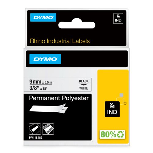 DYMO Rhino Industrial Labels, Black Print on White feature are ideal for panels, blocks, faceplates, shelves, bins, beams and more. These polyester labels stick securely to surfaces and have a polished finish that leaves your work looking professional. The strong adhesive and the flexible material make this polyester tape a reliable selection for many applications.