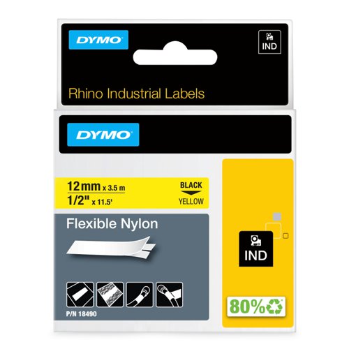 Dymo 18490 12mm x 3.5m Black On Yellow Flexible Nylon Tape - S0718080 | 14612J | Newell Brands
