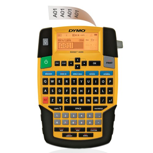 Check out the Dymo Rhino 4200 Label Machine in this video Play VideoThe DYMO Rhino 4200 gets labelling jobs done fast – and done right. Easily navigate the familiar QWERTY keyboard. Use one-touch “Hot Key” shortcuts to quickly create and format wire/cable wraps, flags, Code 39 and Code 128 barcodes, fixed-length labels, module labels and more. Print labels up to 19mm wide in flexible nylon, permanent polyester and durable vinyl materials – PLUS print directly on heat-shrink tubes. Save even more time with great features – like the “Favorites” key which provides single-key access to commonly used labels, symbols and terms; and the “Custom” key which eliminates repeated steps by saving customised settings.BOX CONTENTS - 1 x Rhino 4200 Printer, 1 x 12mm Black on White Vinyl Label Cartridge, 1 x AC Adapter, 1 x Li-Ion Rechargeable Battery, 1 x Quick Reference Guide, 1 x Protective Carry Case