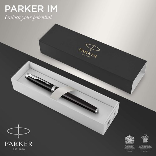 At once smart, polished and professional, the PARKER IM Fountain Pen is an ideal partner with unlimited potential. The sleek tapered shape pairs seamlessly with innovative designs to make a striking statement. Crafted with an intense black lacquer body accented in gold finish trim, this PARKER pen makes a memorable gift. The nib is made from durable stainless steel and shaped to provide the optimal writing angle. For use with QUINK ink cartridges or convertible to ink bottle filling. Every detail is refined to deliver a writing experience that is at once dependable and faithful to over 125 years of PARKER brand heritage.