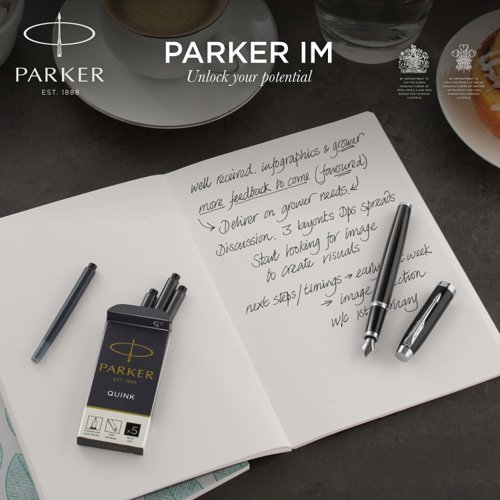 56988NR | At once smart, polished and professional, the PARKER IM Fountain Pen is an ideal partner with unlimited potential. The sleek tapered shape pairs seamlessly with innovative designs to make a striking statement. Crafted with an intense black lacquer body accented in gold finish trim, this PARKER pen makes a memorable gift. The nib is made from durable stainless steel and shaped to provide the optimal writing angle. For use with QUINK ink cartridges or convertible to ink bottle filling. Every detail is refined to deliver a writing experience that is at once dependable and faithful to over 125 years of PARKER brand heritage.